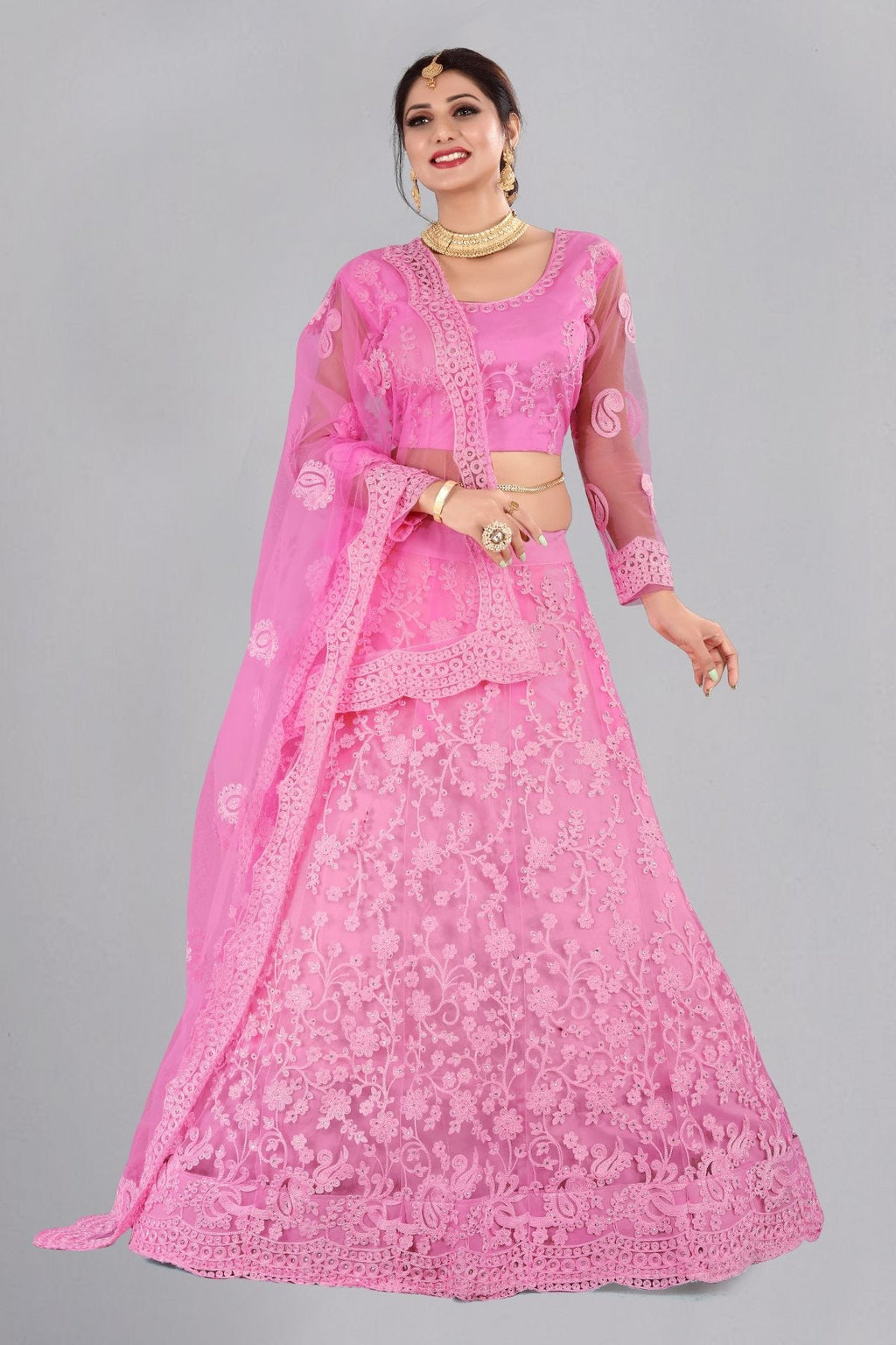 Jyoti Fashion Women's Baby Pink Net Thread Embroidered Designer Lehenga Choli Set | Grocsy