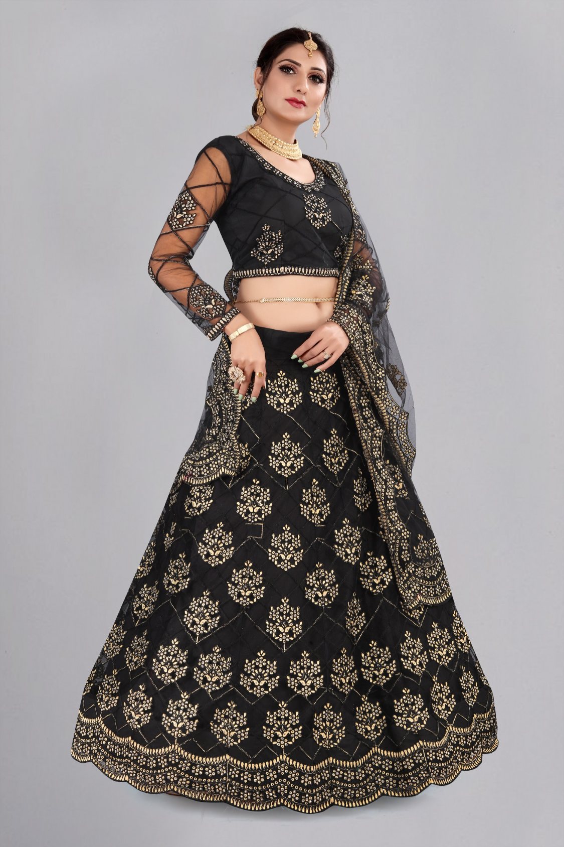 Jyoti Fashion Women's Black Net Thread Embroidered Designer Lehenga Choli Set | Grocsy