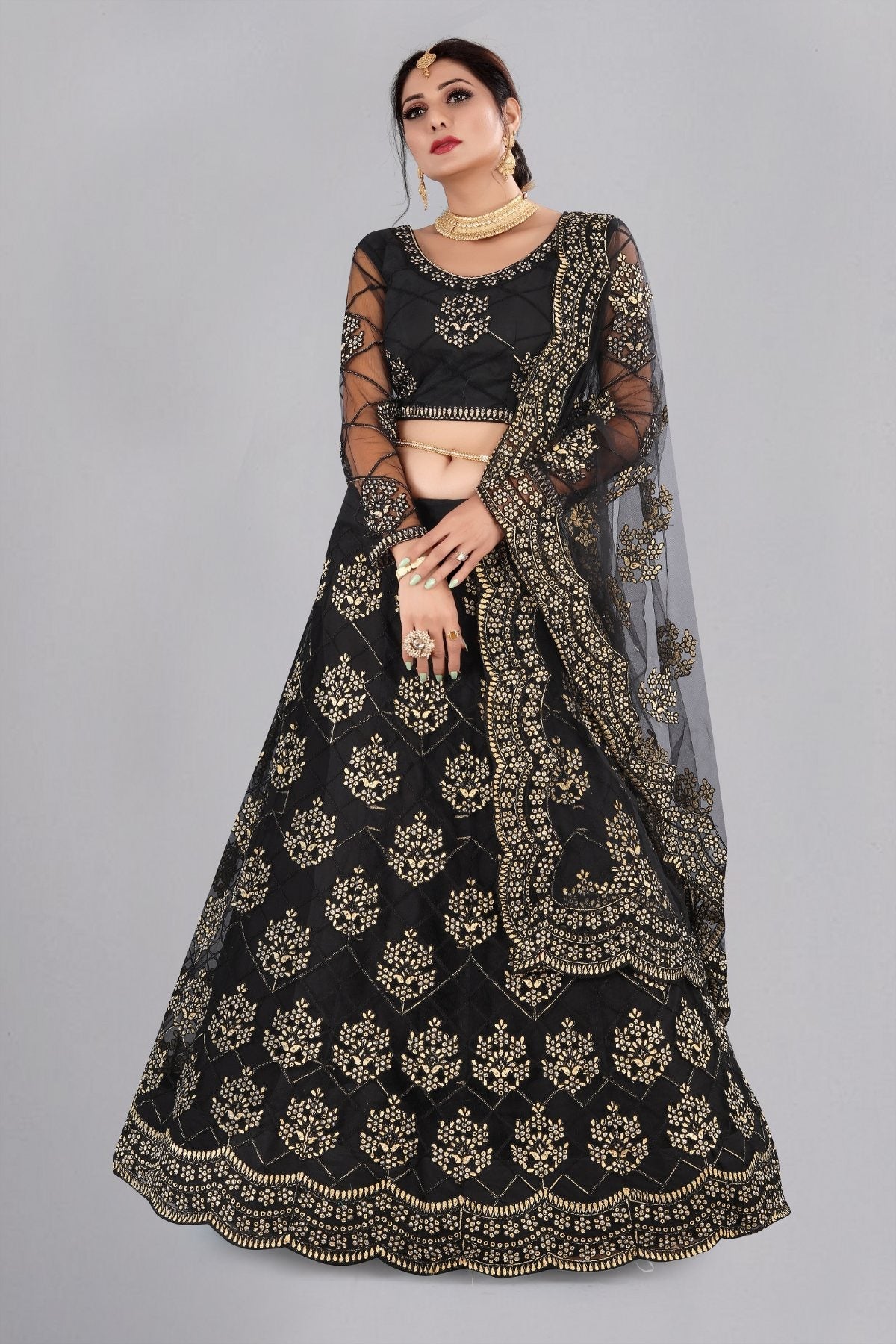 Jyoti Fashion Women's Black Net Thread Embroidered Designer Lehenga Choli Set | Grocsy