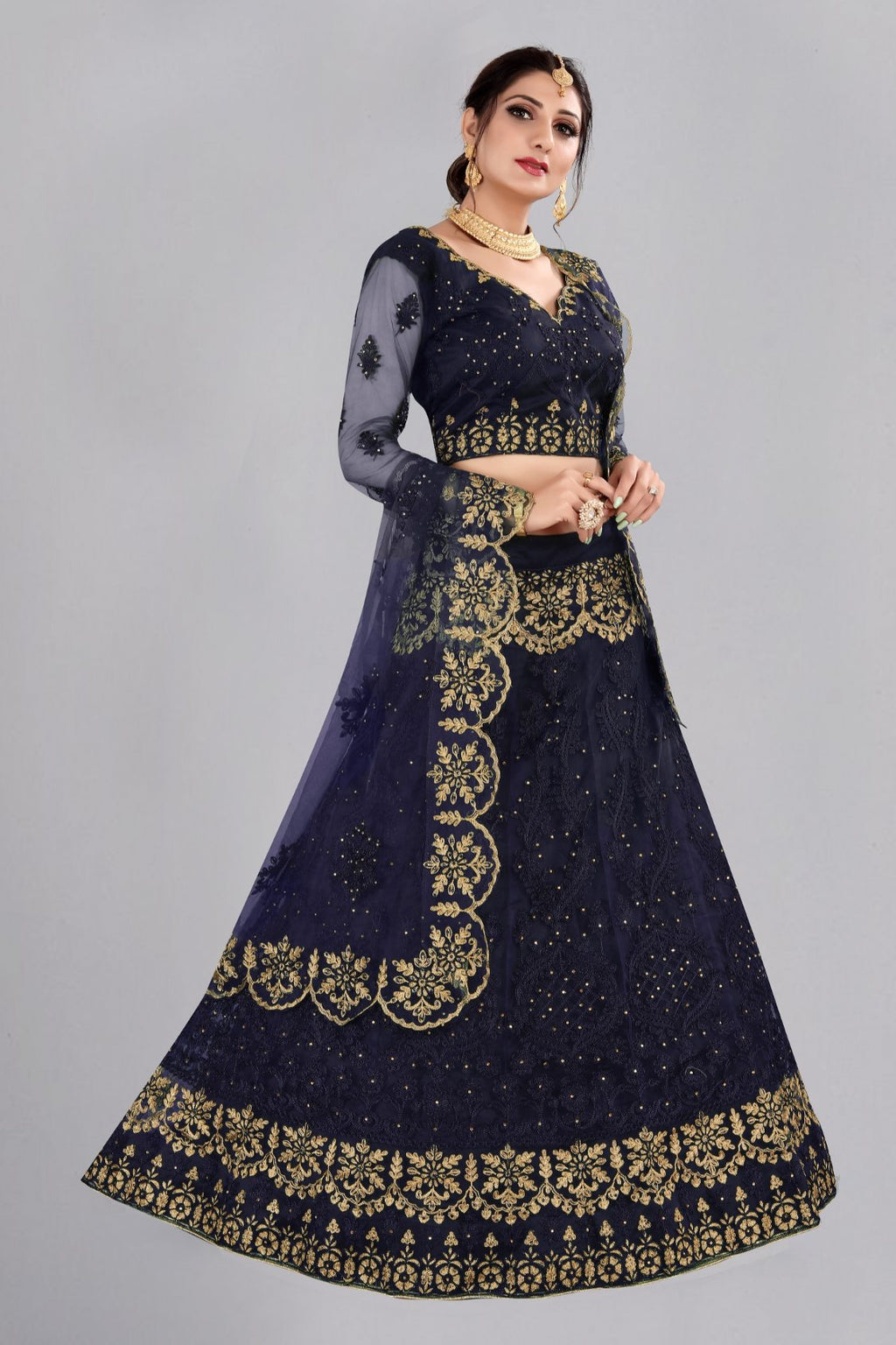 Jyoti Fashion Women's Navy Blue Net Thread Embroidered Designer Lehenga Choli Set | Grocsy