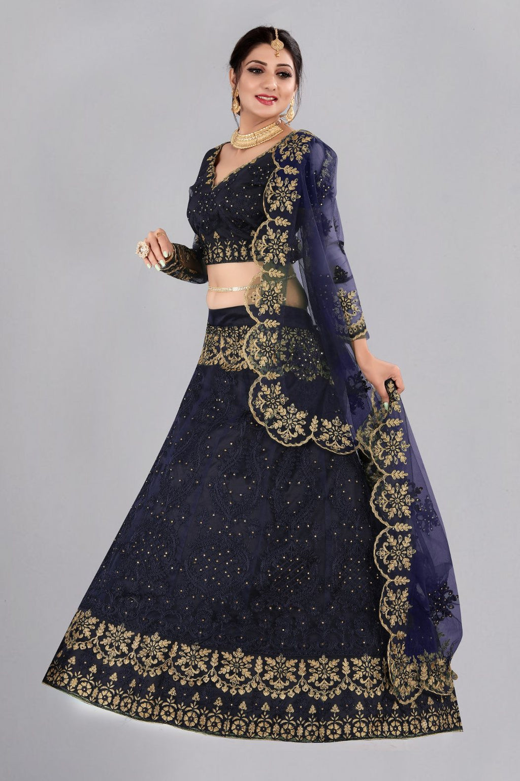 Jyoti Fashion Women's Navy Blue Net Thread Embroidered Designer Lehenga Choli Set | Grocsy