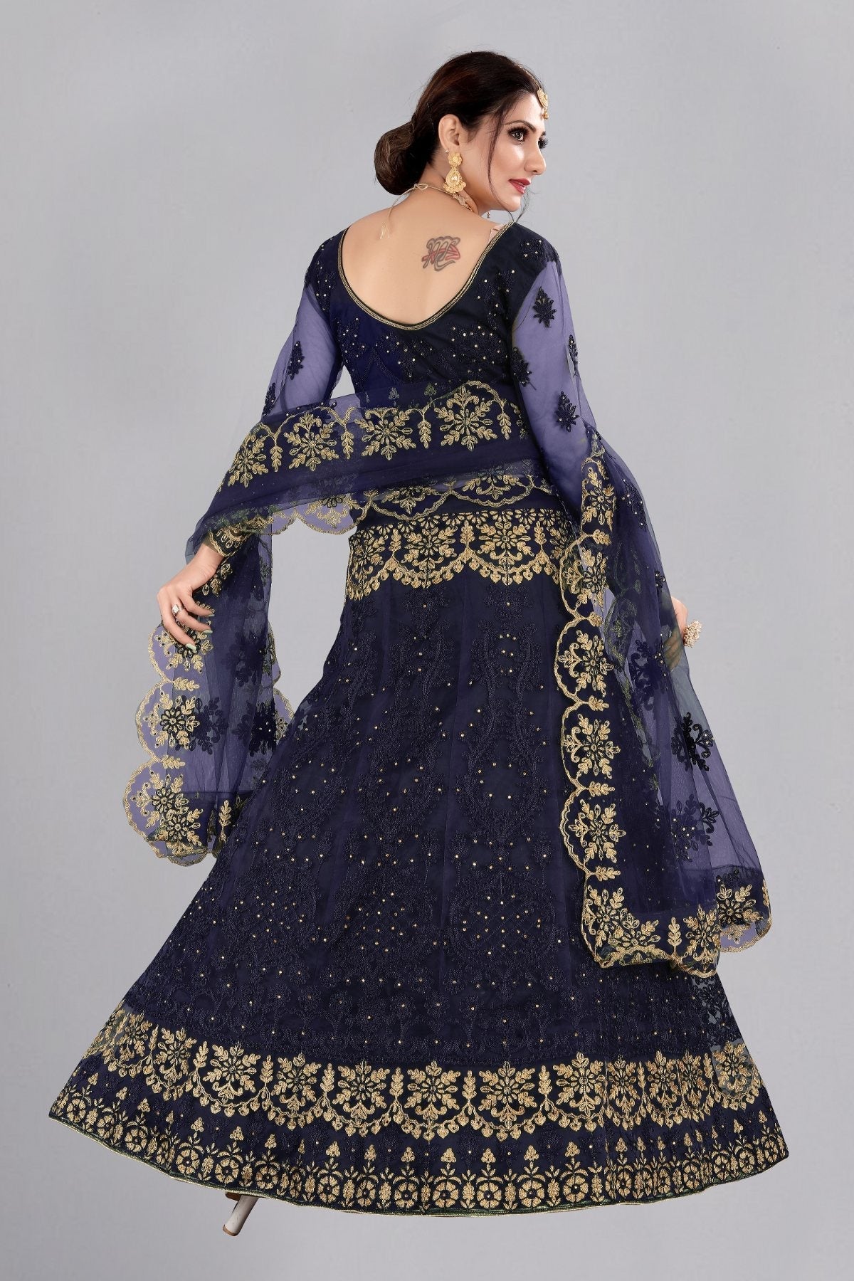 Jyoti Fashion Women's Navy Blue Net Thread Embroidered Designer Lehenga Choli Set | Grocsy