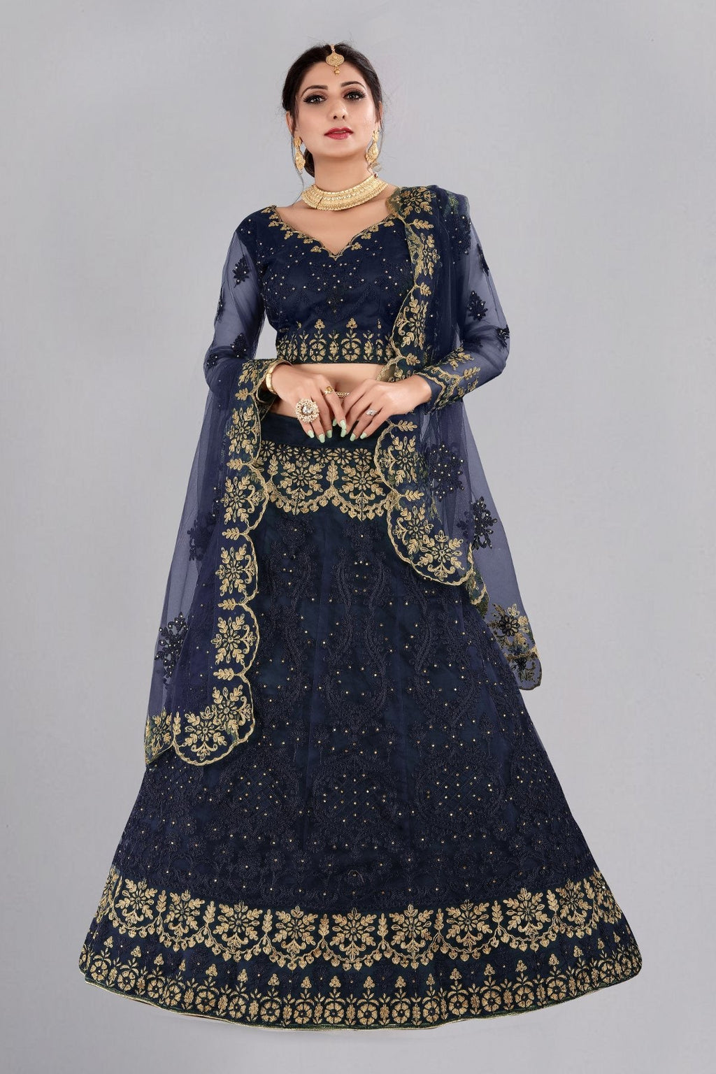 Jyoti Fashion Women's Navy Blue Net Thread Embroidered Designer Lehenga Choli Set | Grocsy