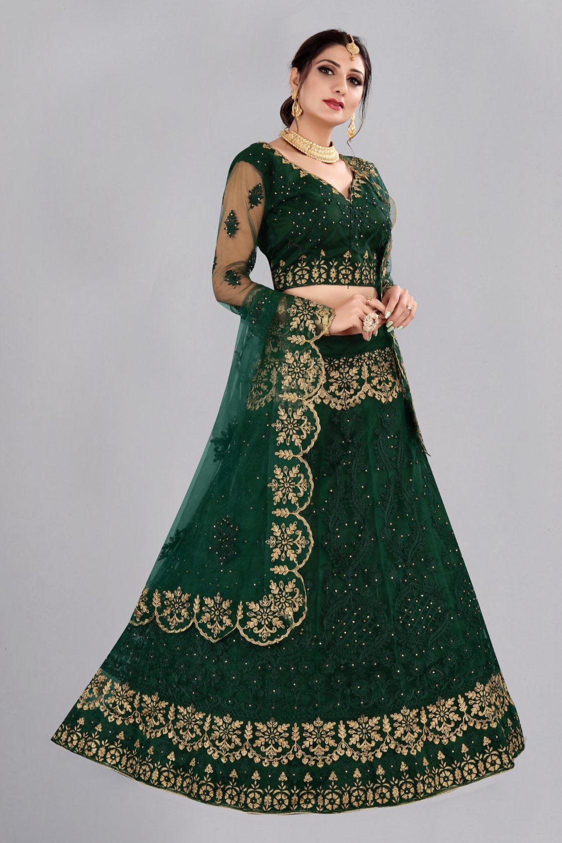 Jyoti Fashion Women's Dark Green Net Thread Embroidered Designer Lehenga Choli Set | Grocsy