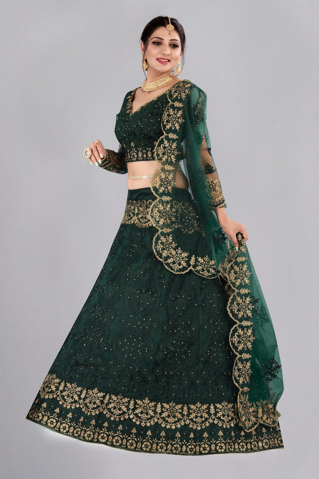 Jyoti Fashion Women's Dark Green Net Thread Embroidered Designer Lehenga Choli Set | Grocsy