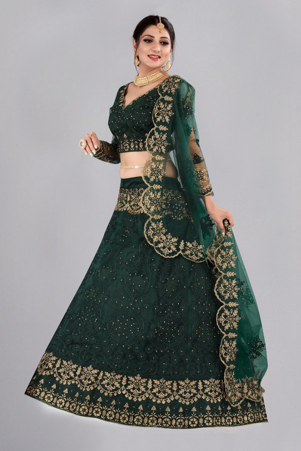 Jyoti Fashion Women's Dark Green Net Thread Embroidered Designer Lehenga Choli Set | Grocsy