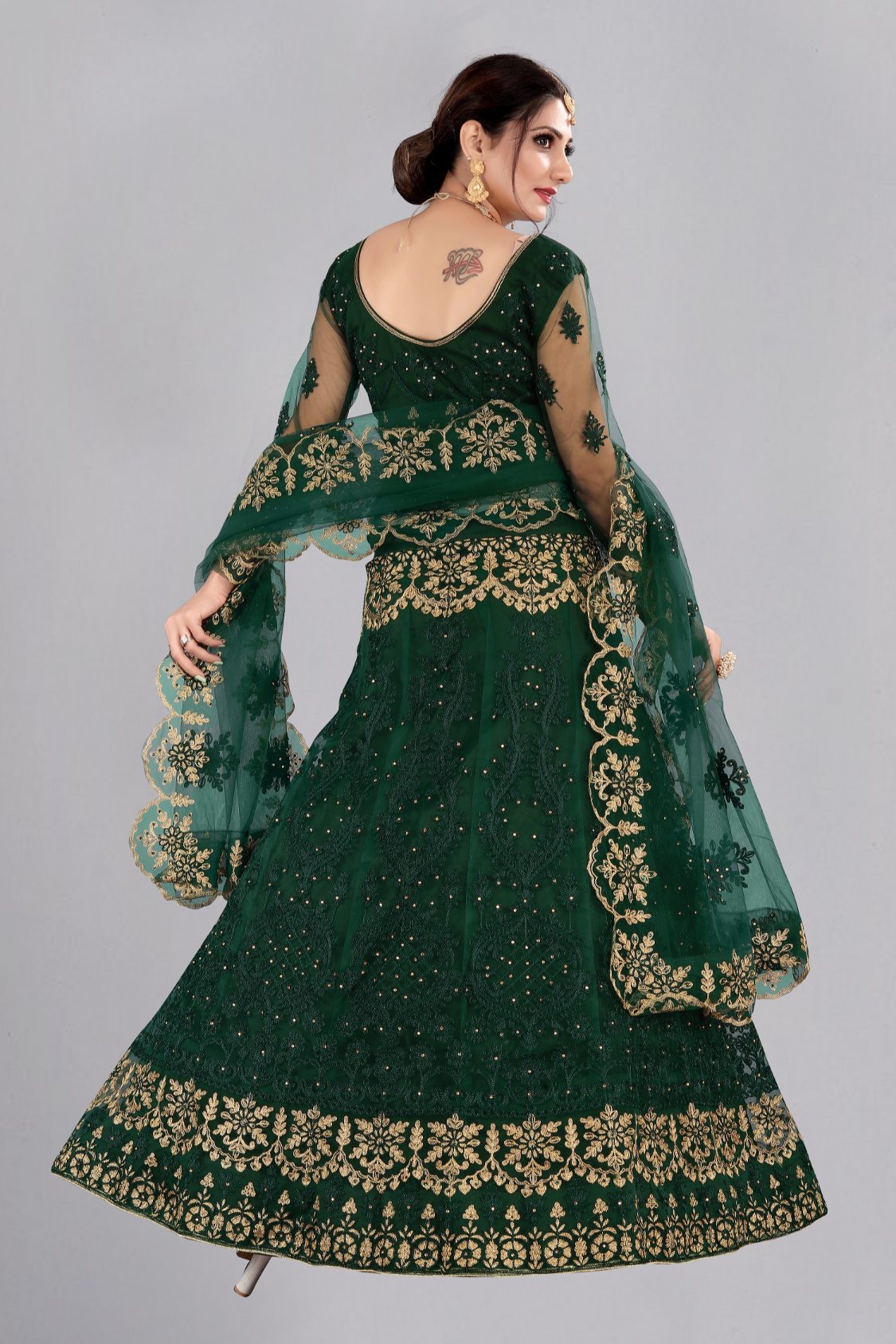 Jyoti Fashion Women's Dark Green Net Thread Embroidered Designer Lehenga Choli Set | Grocsy