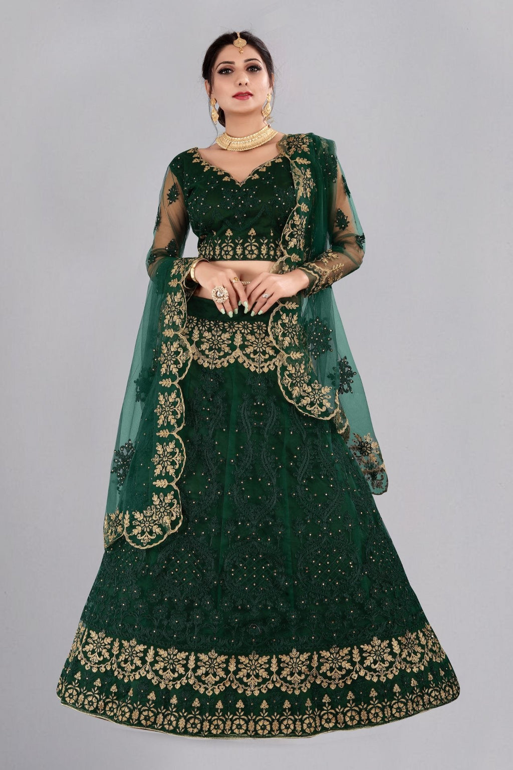 Jyoti Fashion Women's Dark Green Net Thread Embroidered Designer Lehenga Choli Set | Grocsy