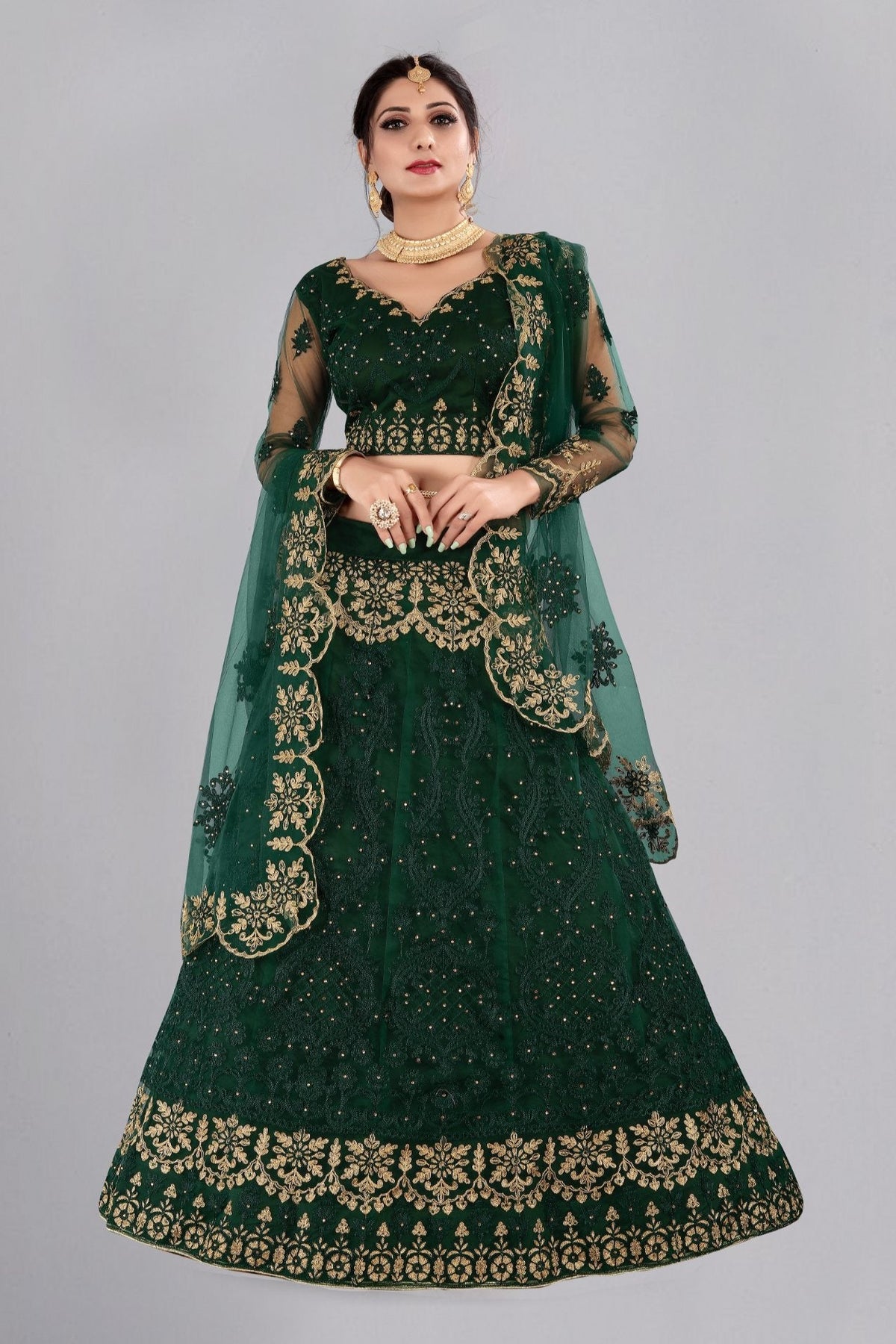 Jyoti Fashion Women's Dark Green Net Thread Embroidered Designer Lehenga Choli Set | Grocsy