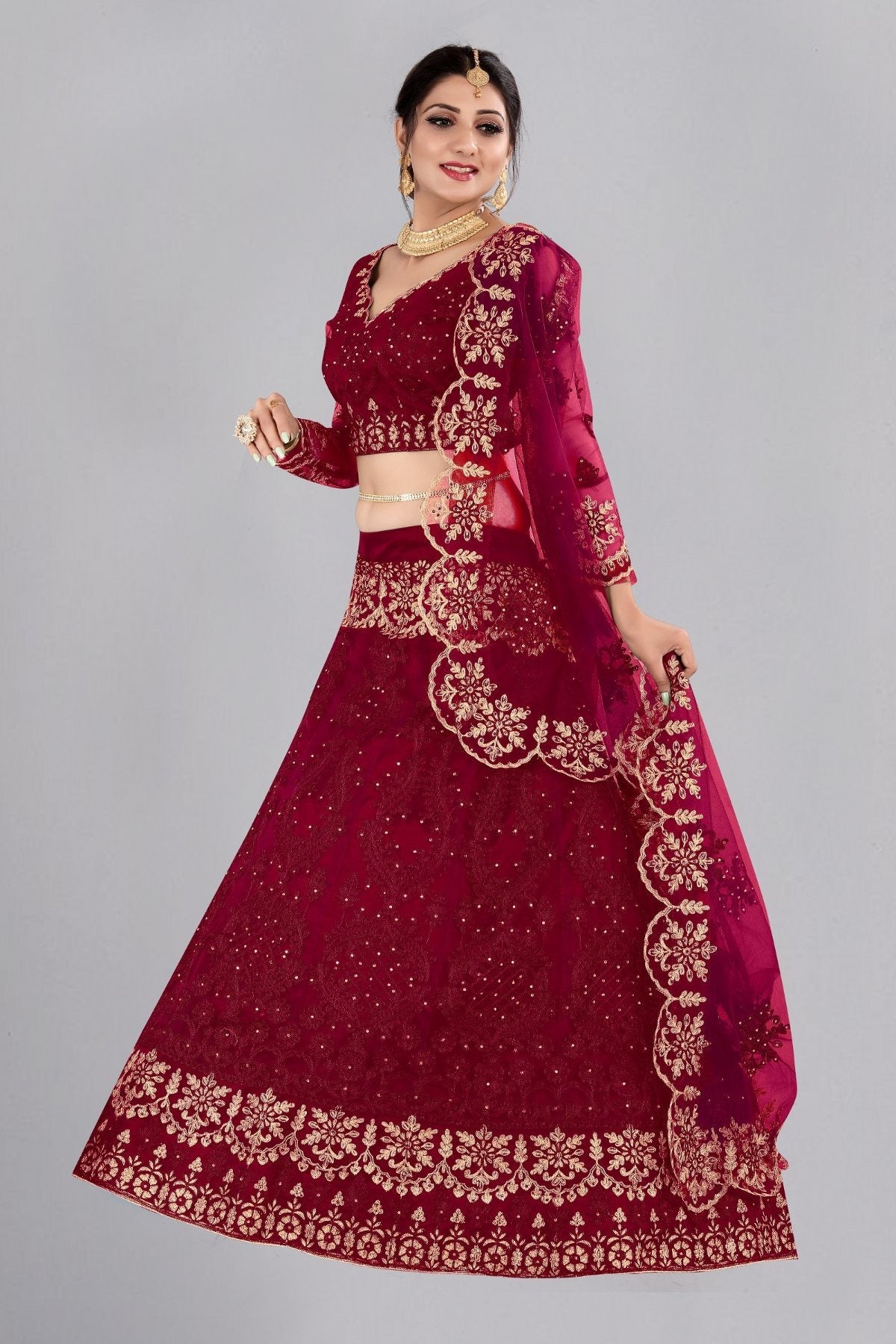 Jyoti Fashion Women's Maroon Net Thread Embroidered Designer Lehenga Choli Set | Grocsy