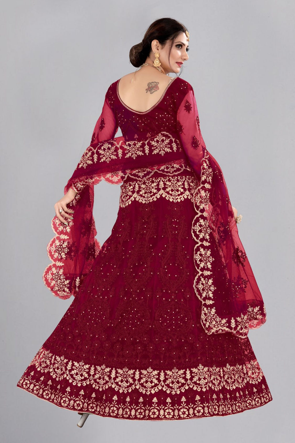 Jyoti Fashion Women's Maroon Net Thread Embroidered Designer Lehenga Choli Set | Grocsy