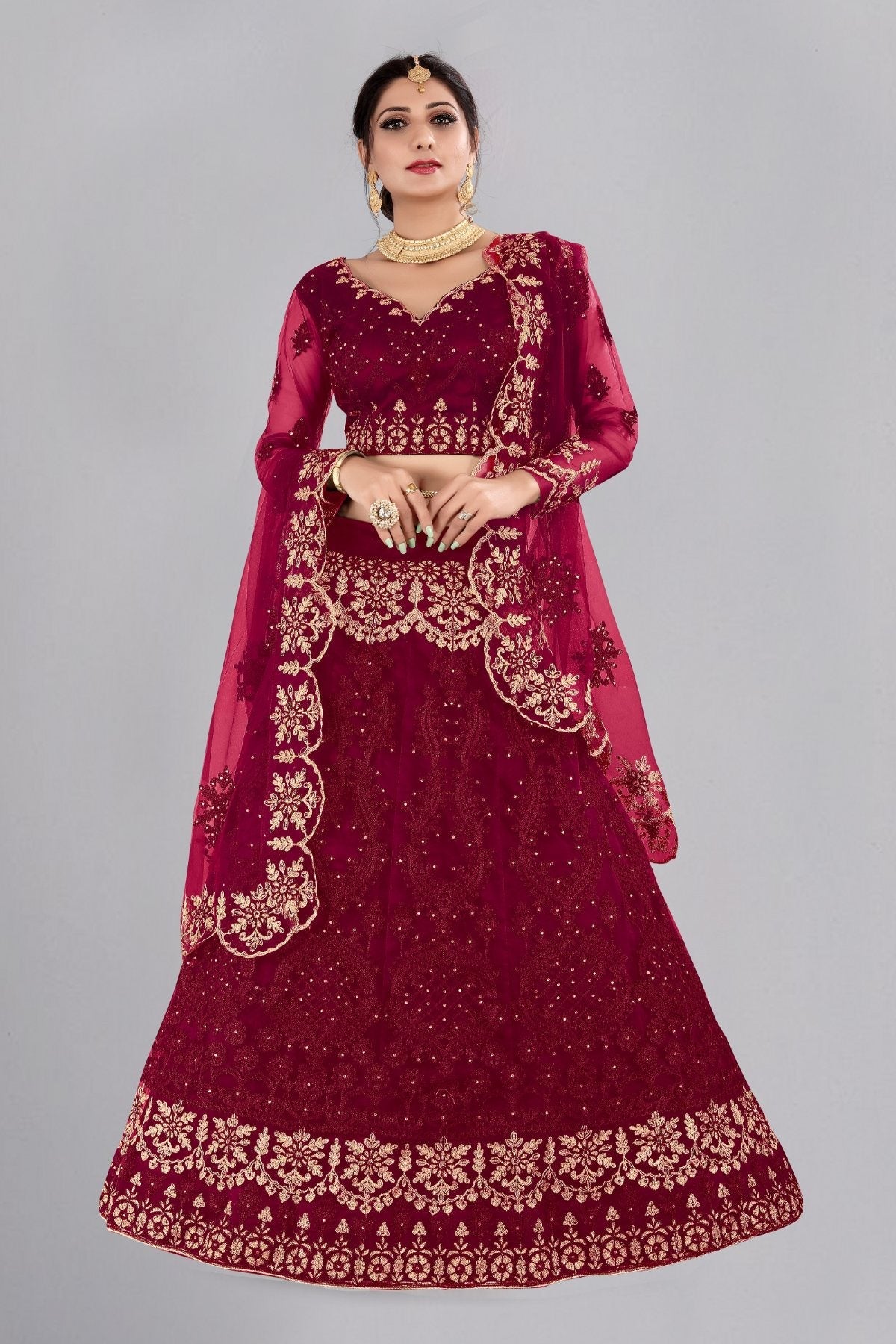 Jyoti Fashion Women's Maroon Net Thread Embroidered Designer Lehenga Choli Set | Grocsy