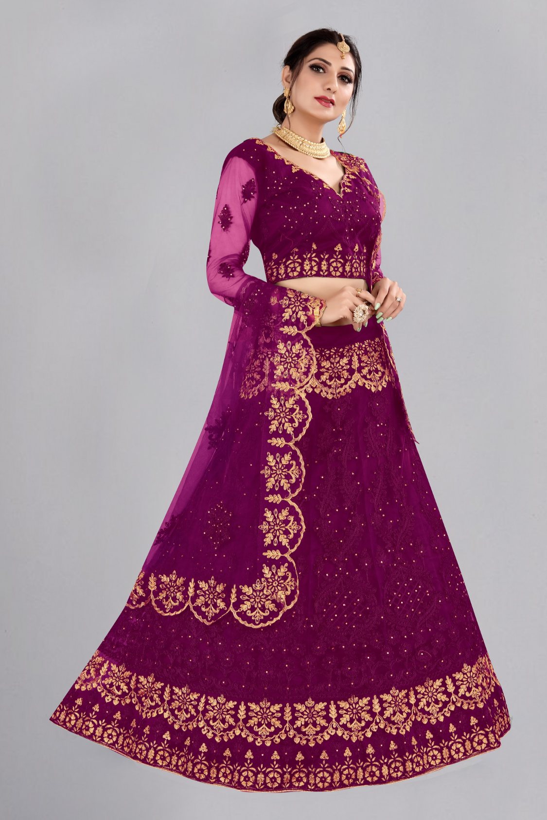 Jyoti Fashion Women's Purple Net Thread Embroidered Designer Lehenga Choli Set | Grocsy