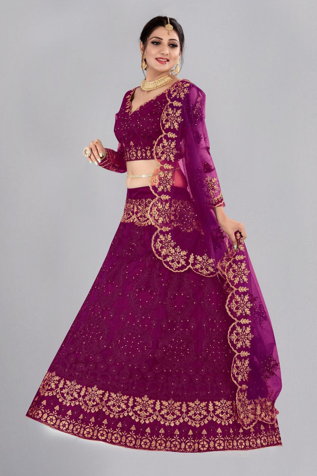 Jyoti Fashion Women's Purple Net Thread Embroidered Designer Lehenga Choli Set | Grocsy