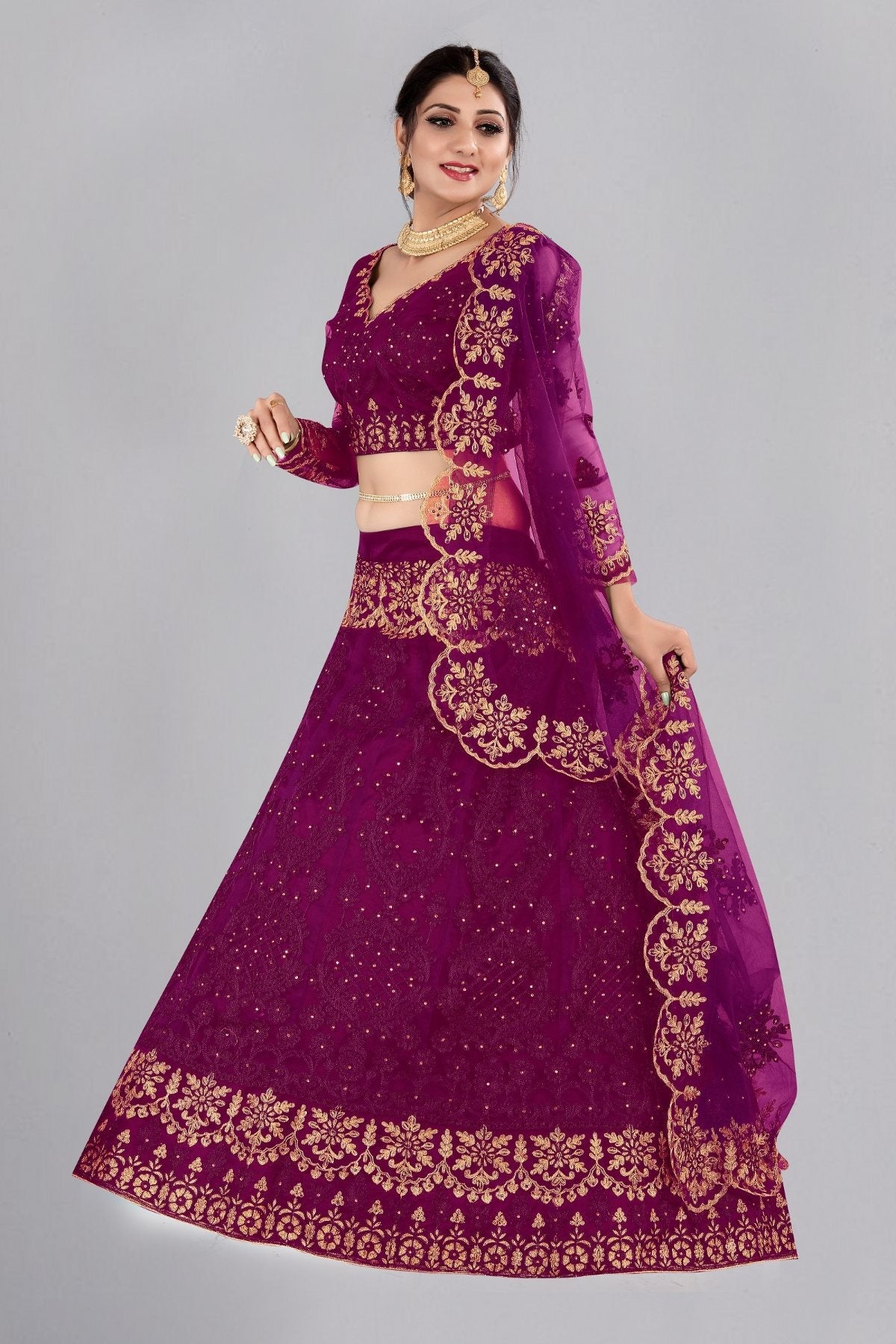 Jyoti Fashion Women's Purple Net Thread Embroidered Designer Lehenga Choli Set | Grocsy