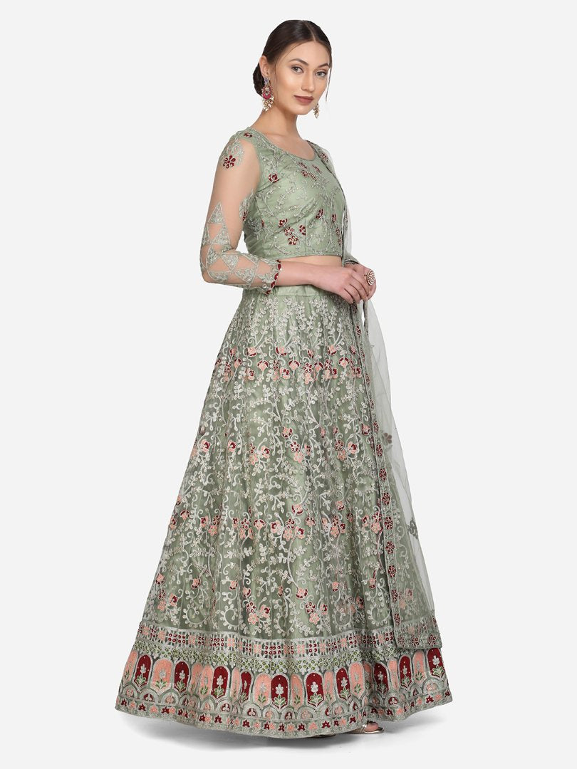 Jyoti Fashion Women's Light Green Net Thread Embroidered Designer Lehenga Choli Set | Grocsy