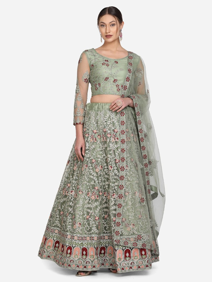 Jyoti Fashion Women's Light Green Net Thread Embroidered Designer Lehenga Choli Set | Grocsy