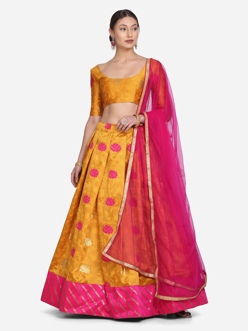 Jyoti Fashion Women's Pink Taffeta Silk Zari Woven Lehenga Choli with Dupatta | Grocsy