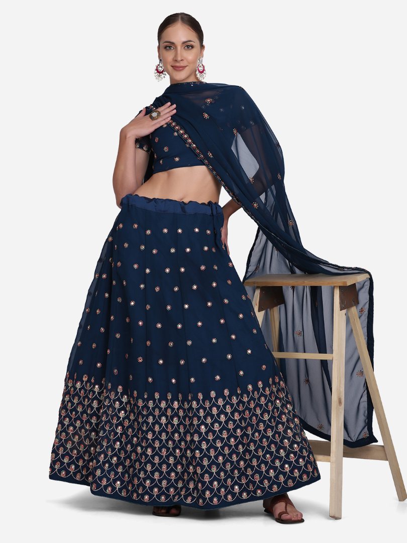 Jyoti Fashion Women's Navy Blue Georgette Thread Embroidered Lehenga Choli with Dupatta | Grocsy