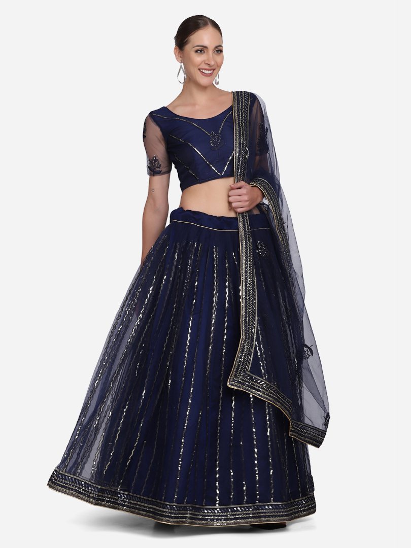 Jyoti Fashion Women's Navy Blue Net Sequins Embroidered Lehenga Choli with Dupatta | Grocsy