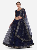 Jyoti Fashion Women's Navy Blue Net Sequins Embroidered Lehenga Choli with Dupatta | Grocsy