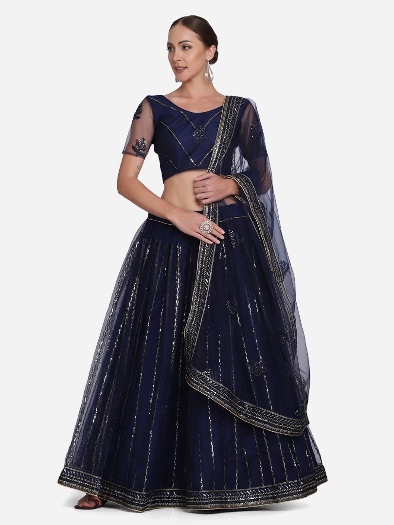 Jyoti Fashion Women's Navy Blue Net Sequins Embroidered Lehenga Choli with Dupatta | Grocsy