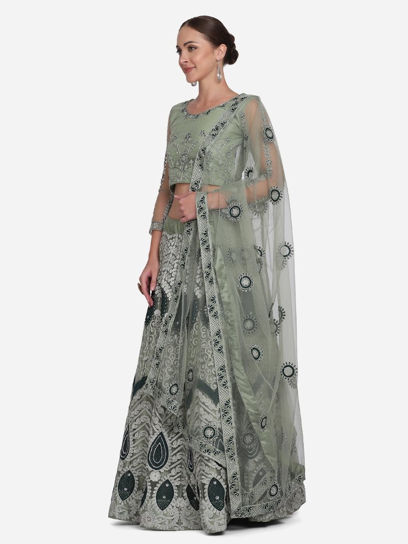 Jyoti Fashion Women's Sea Green Net Thread Embroidered Lehenga Choli with Dupatta | Grocsy