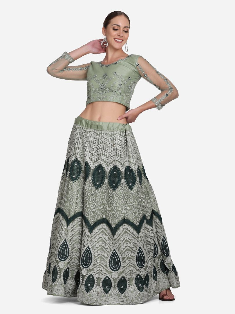 Jyoti Fashion Women's Sea Green Net Thread Embroidered Lehenga Choli with Dupatta | Grocsy