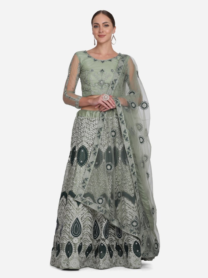 Jyoti Fashion Women's Sea Green Net Thread Embroidered Lehenga Choli with Dupatta | Grocsy