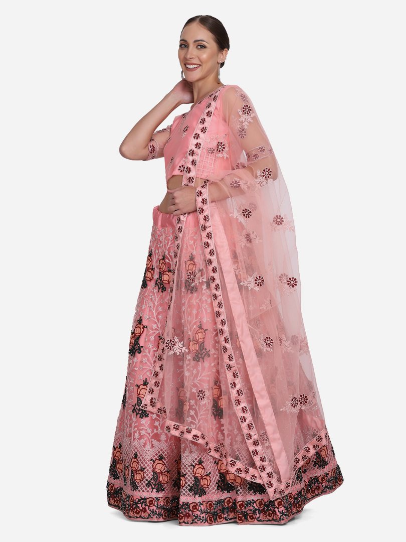 Jyoti Fashion Women's Baby Pink Net Thread Embroidered Lehenga Choli with Dupatta | Grocsy