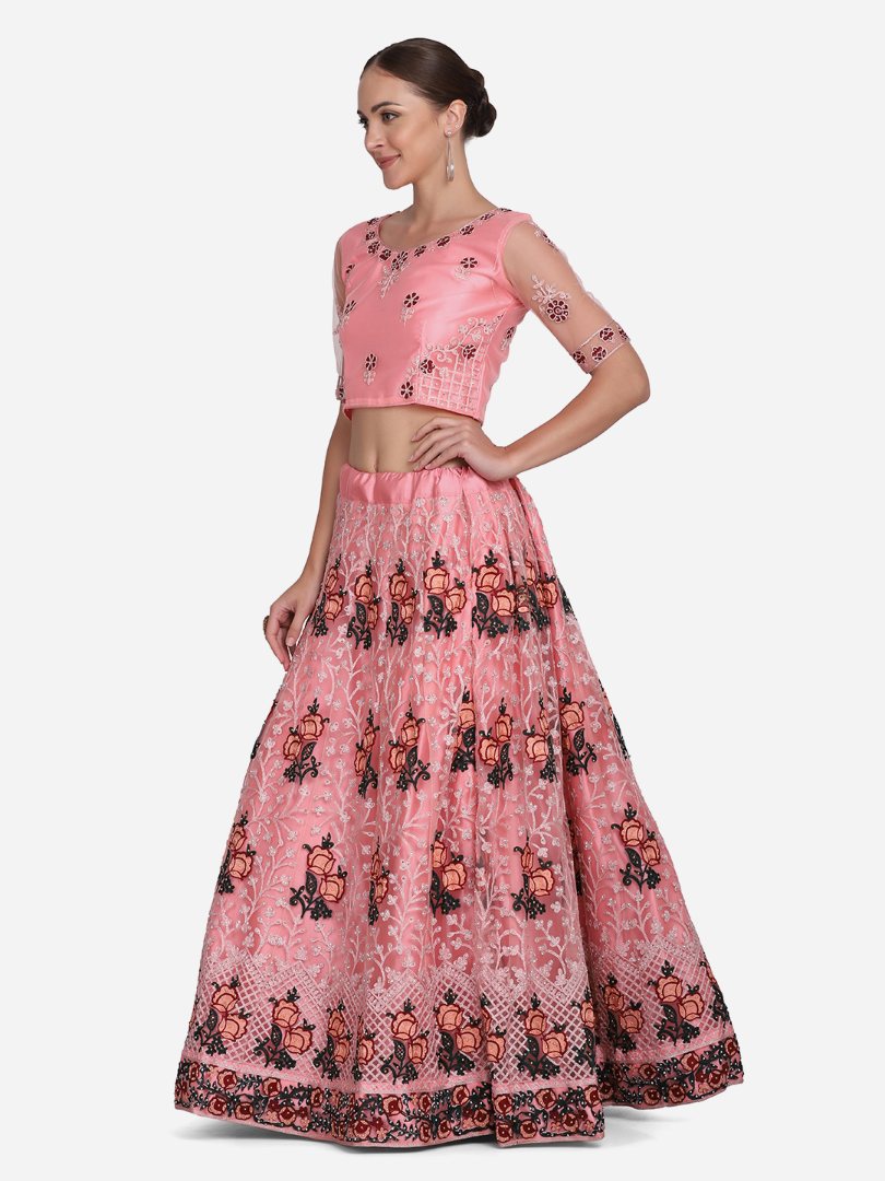 Jyoti Fashion Women's Baby Pink Net Thread Embroidered Lehenga Choli with Dupatta | Grocsy