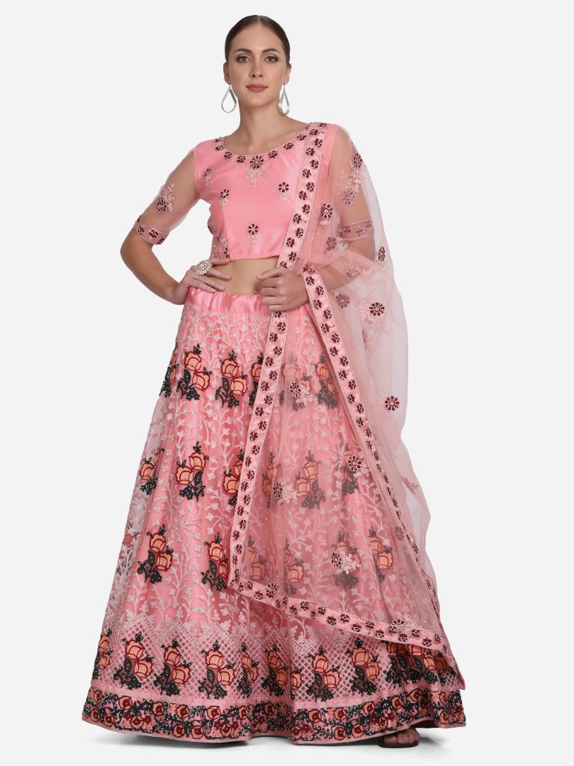 Jyoti Fashion Women's Baby Pink Net Thread Embroidered Lehenga Choli with Dupatta | Grocsy