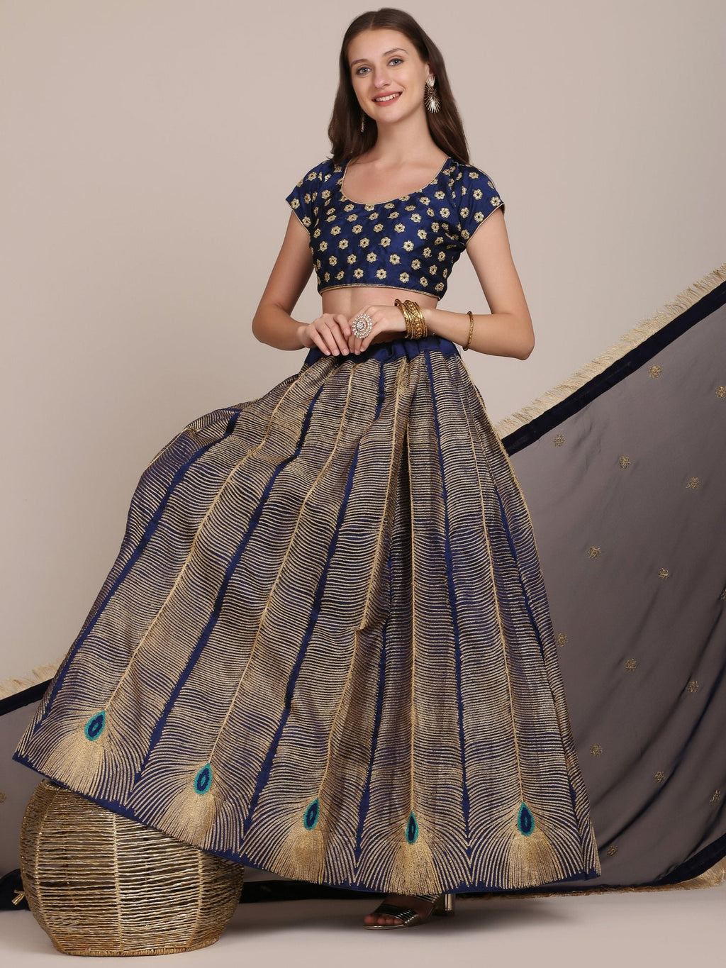Jyoti Fashion Women's Navy Blue Taffeta Silk Thread Embroidered Lehenga Choli with Dupatta | Grocsy
