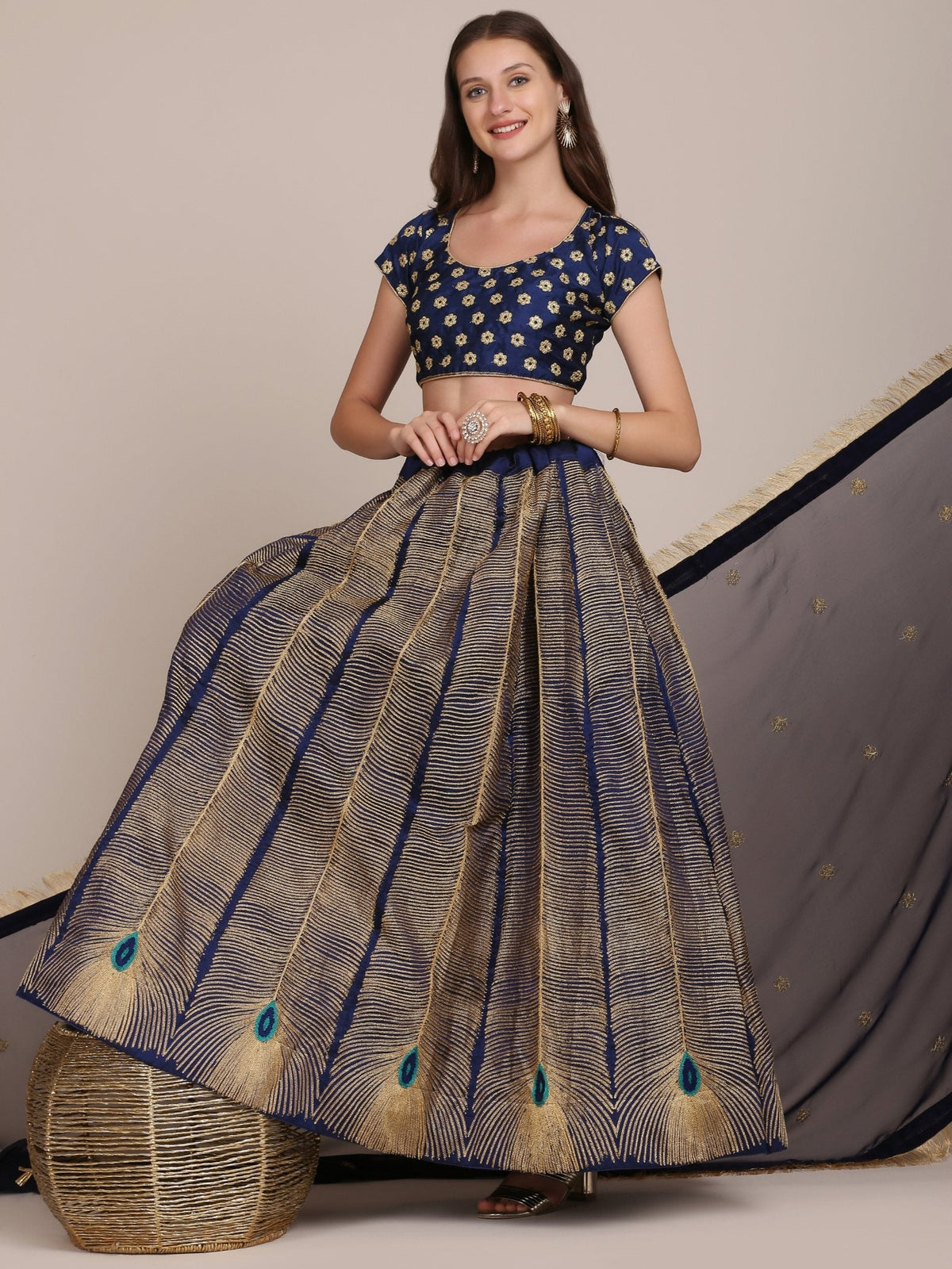 Jyoti Fashion Women's Navy Blue Taffeta Silk Thread Embroidered Lehenga Choli with Dupatta | Grocsy