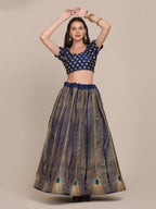 Jyoti Fashion Women's Navy Blue Taffeta Silk Thread Embroidered Lehenga Choli with Dupatta | Grocsy