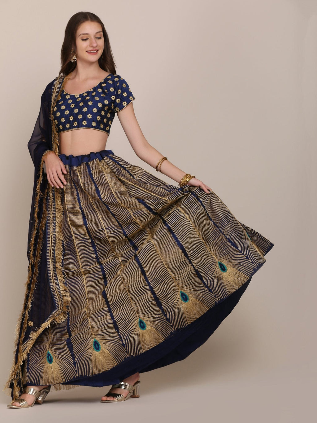 Jyoti Fashion Women's Navy Blue Taffeta Silk Thread Embroidered Lehenga Choli with Dupatta | Grocsy