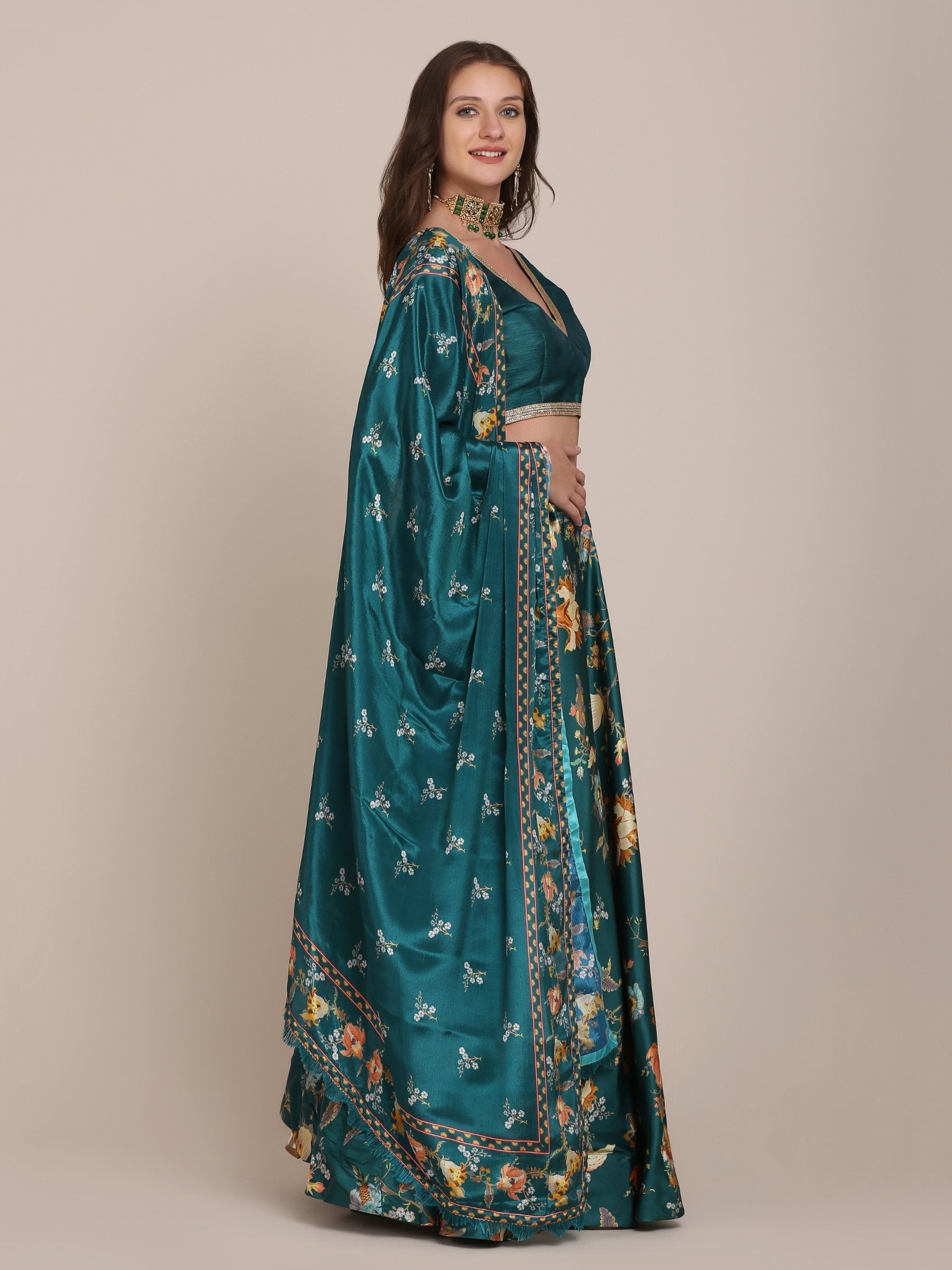 Jyoti Fashion Women's Teal Chinon Floral Printed Lehenga Choli with Dupatta | Grocsy