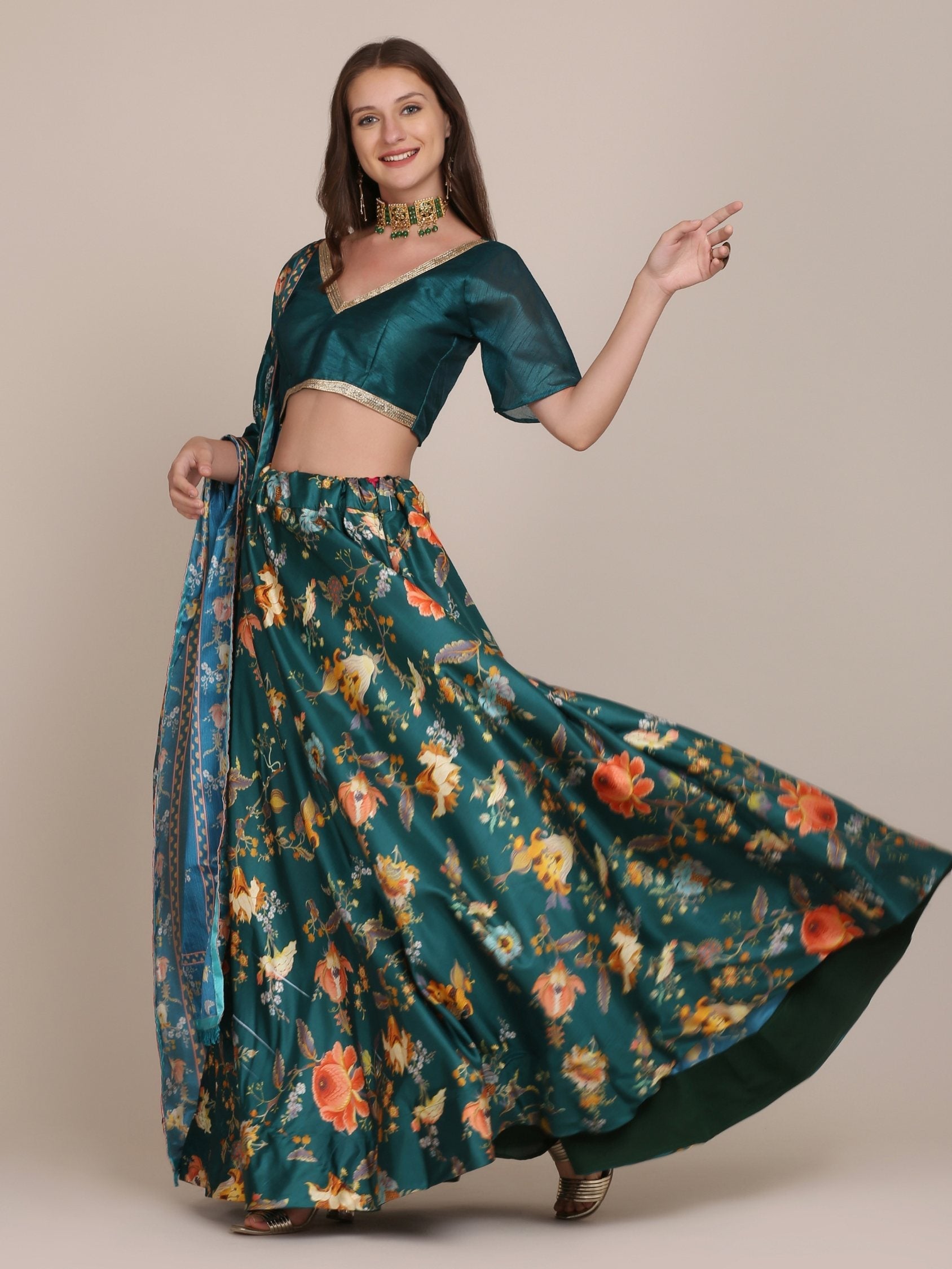 Jyoti Fashion Women's Teal Chinon Floral Printed Lehenga Choli with Dupatta | Grocsy