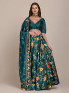 Jyoti Fashion Women's Teal Chinon Floral Printed Lehenga Choli with Dupatta | Grocsy