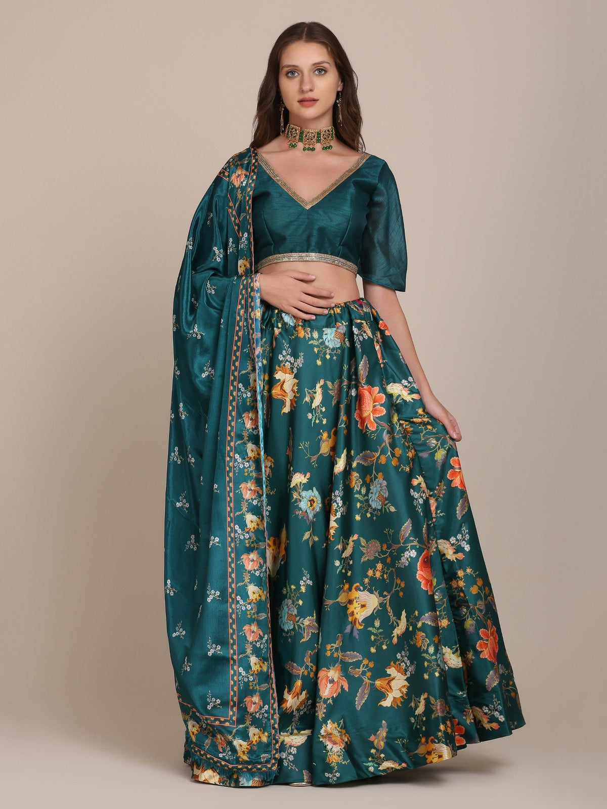 Jyoti Fashion Women's Teal Chinon Floral Printed Lehenga Choli with Dupatta | Grocsy