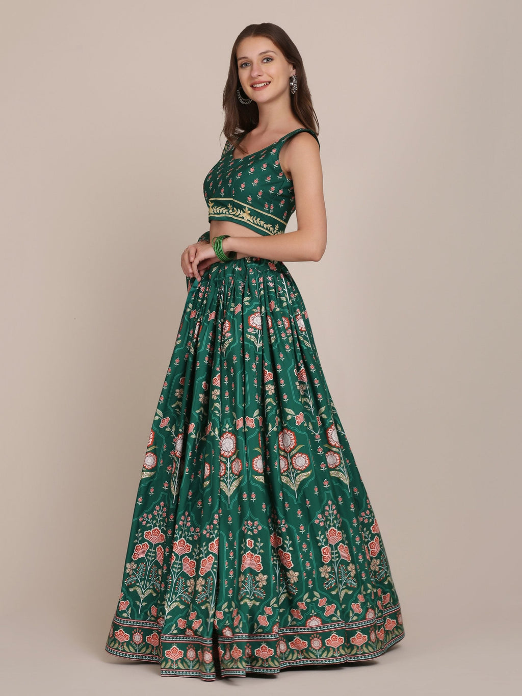 Jyoti Fashion Women's Bottle Green Crepe Floral Printed Lehenga Choli with Dupatta | Grocsy