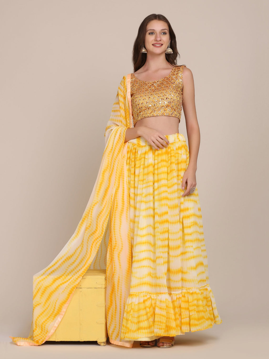 Jyoti Fashion Women's Yellow Georgette Shibori Print Work Lehenga Choli with Dupatta | Grocsy