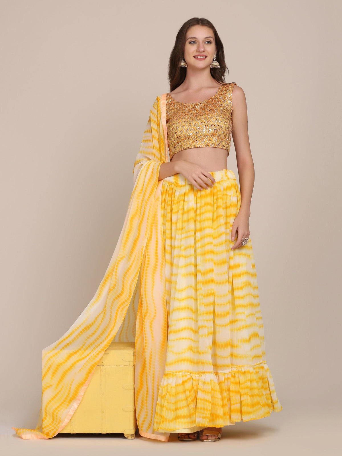 Jyoti Fashion Women's Yellow Georgette Shibori Print Work Lehenga Choli with Dupatta | Grocsy