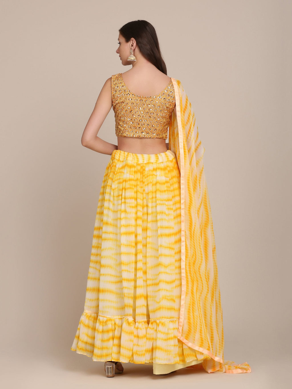 Jyoti Fashion Women's Yellow Georgette Shibori Print Work Lehenga Choli with Dupatta | Grocsy