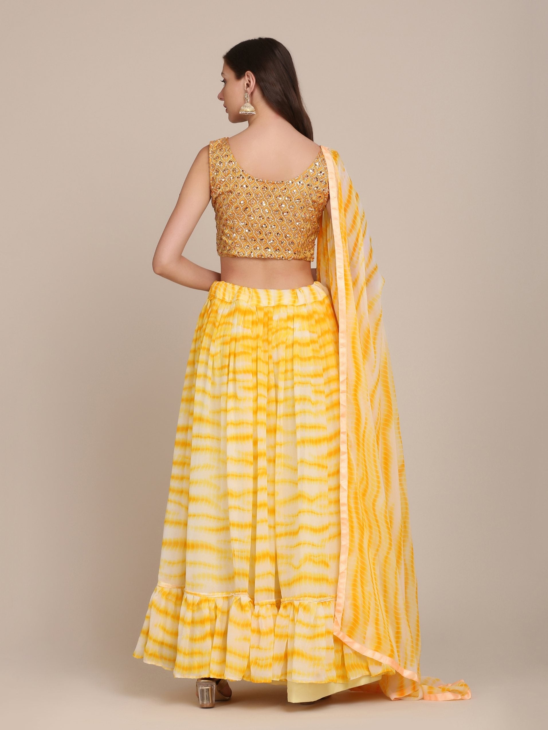 Jyoti Fashion Women's Yellow Georgette Shibori Print Work Lehenga Choli with Dupatta | Grocsy
