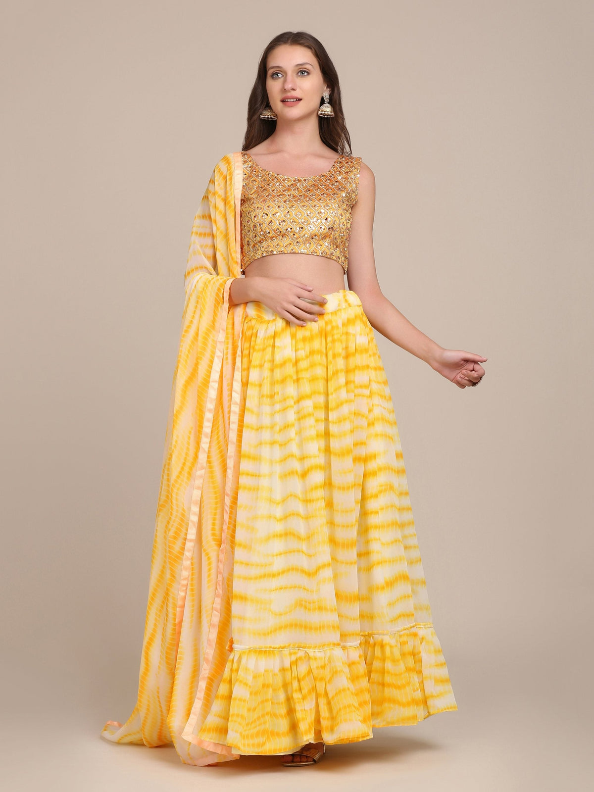 Jyoti Fashion Women's Yellow Georgette Shibori Print Work Lehenga Choli with Dupatta | Grocsy