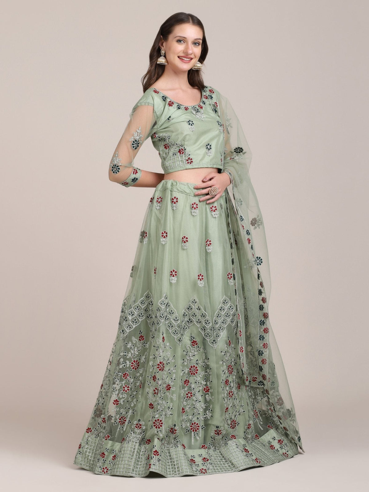 Jyoti Fashion Women's Sea Green Net Thread Embroidered Lehenga Choli with Dupatta | Grocsy