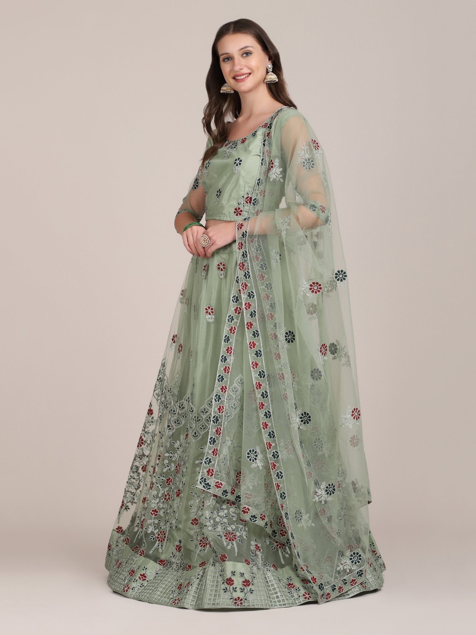 Jyoti Fashion Women's Sea Green Net Thread Embroidered Lehenga Choli with Dupatta | Grocsy