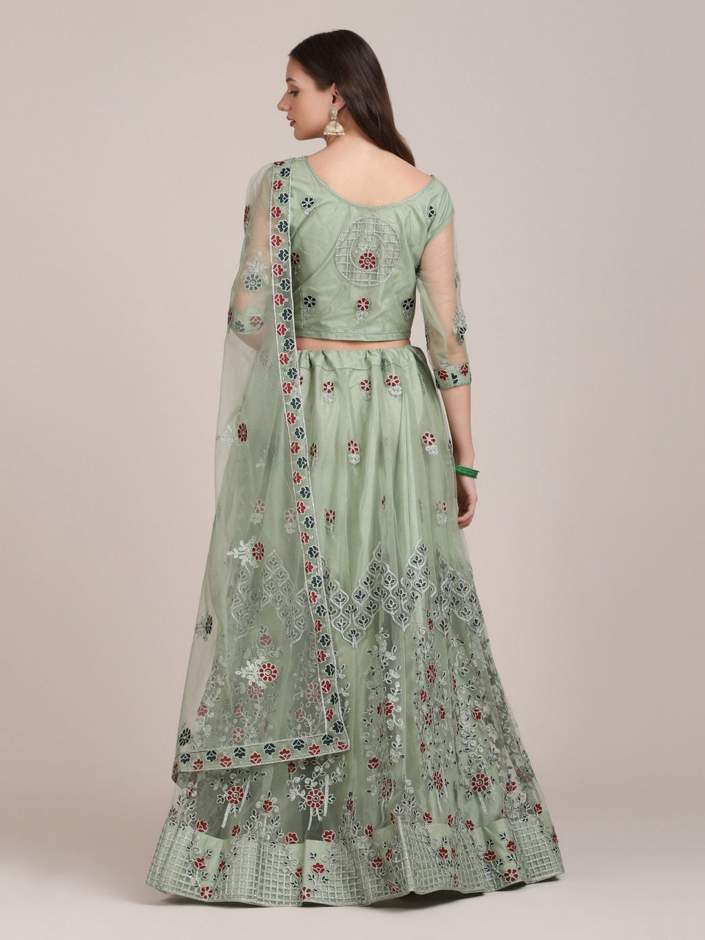 Jyoti Fashion Women's Sea Green Net Thread Embroidered Lehenga Choli with Dupatta | Grocsy