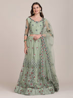 Jyoti Fashion Women's Sea Green Net Thread Embroidered Lehenga Choli with Dupatta | Grocsy